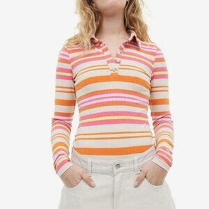 H&M Bodysuit Size Large Striped Henley Ribbed Long Sleeve Pink Orange Playful